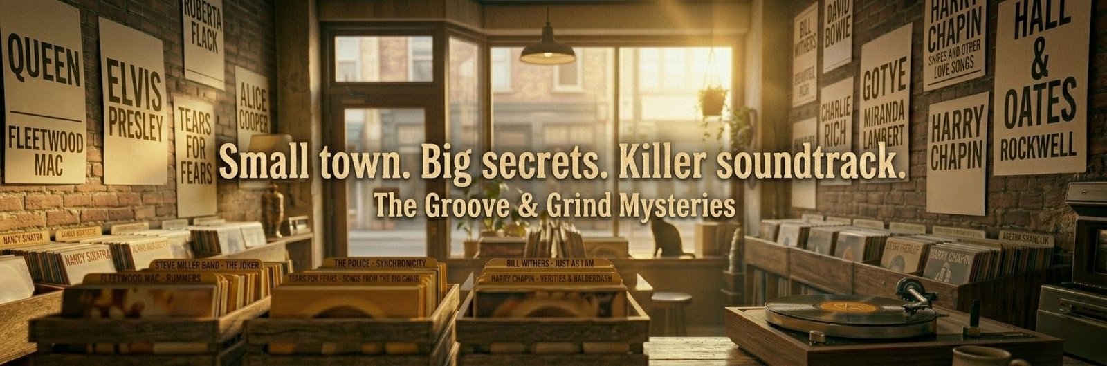 A cozy vintage record shop with warm golden light, vinyl crates, and concert posters on brick walls